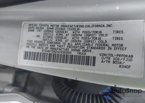 2004 Toyota Tacoma Base V6 z USA, uszkodzony, nr VIN 5TEHN72N24Z456593